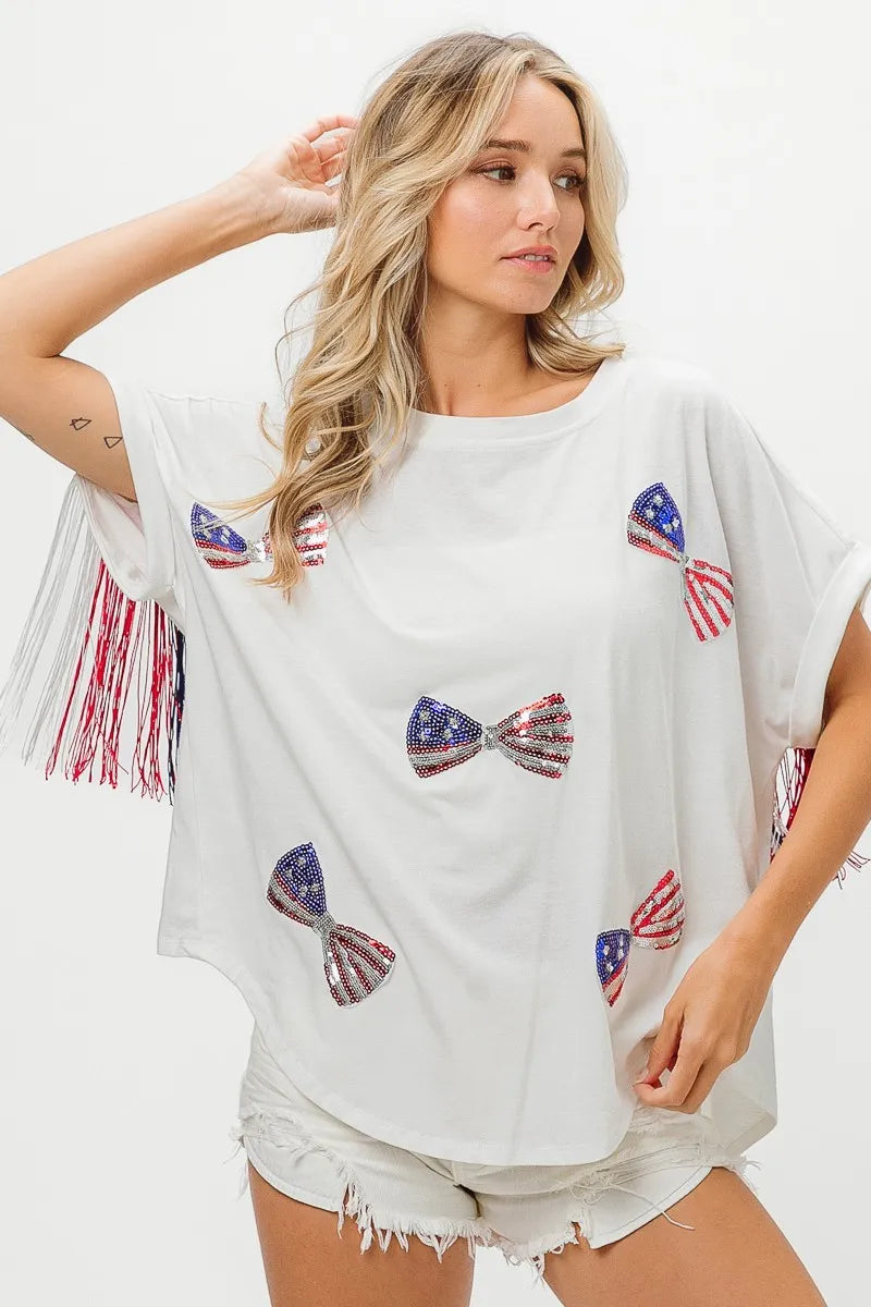 BiBi American Flag Sequin Ribbon T-Shirt - Love Salve